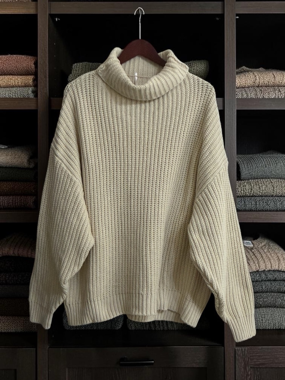 Free People Ivory Ribbed Turtleneck Sweater Sz M